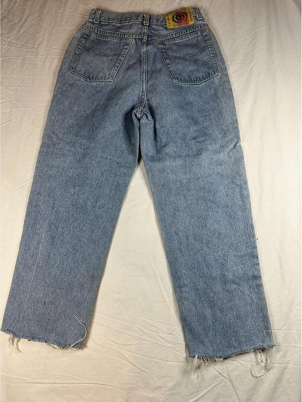 VNT 90s One World Plaid Patchwork Distressed Jeans Size 11 High Rise Straight - Picture 12 of 16